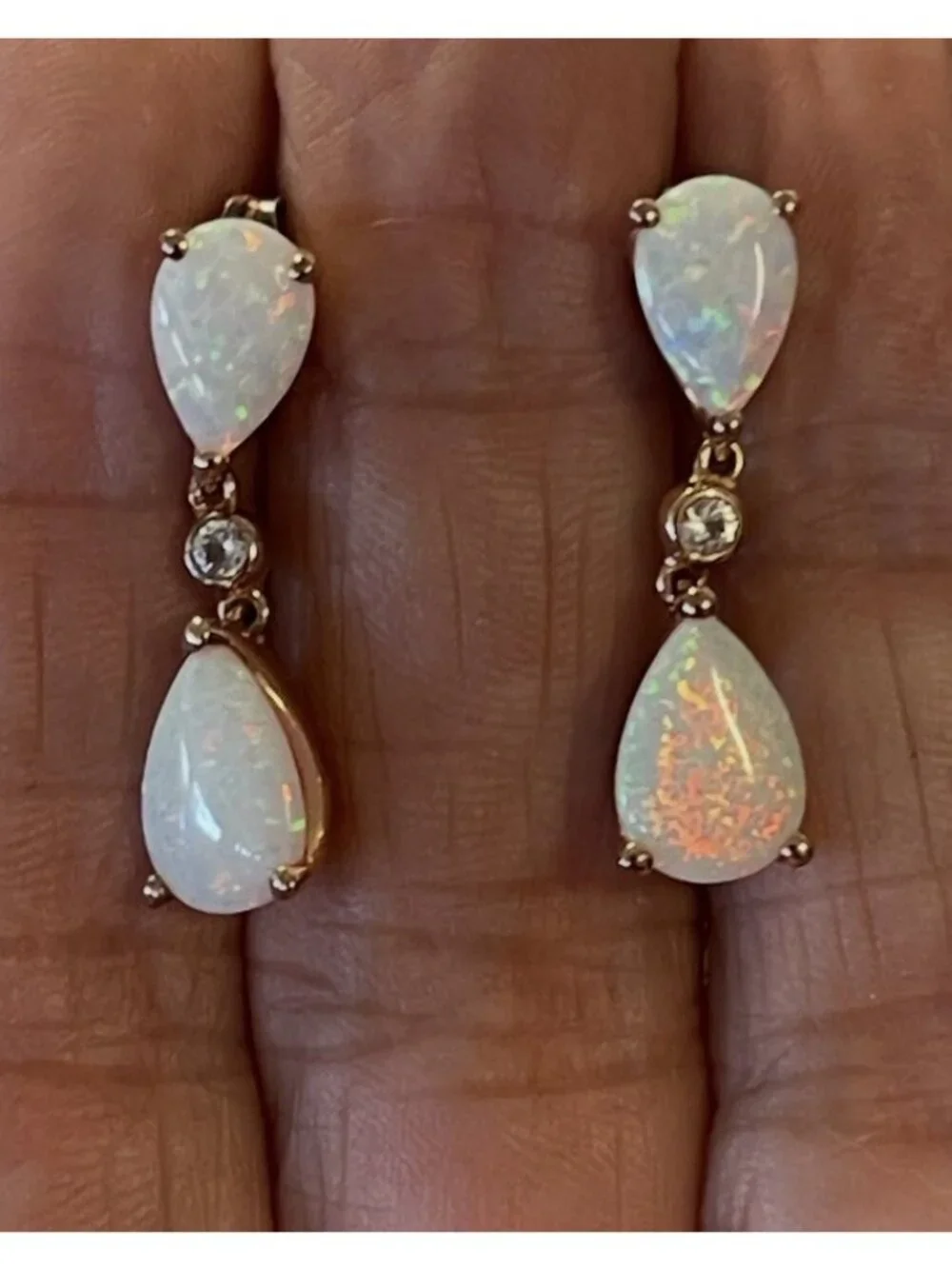 925 Sterling Silver Rose Gold Plated White Fire Opal Pear Drop Dangle Earrings